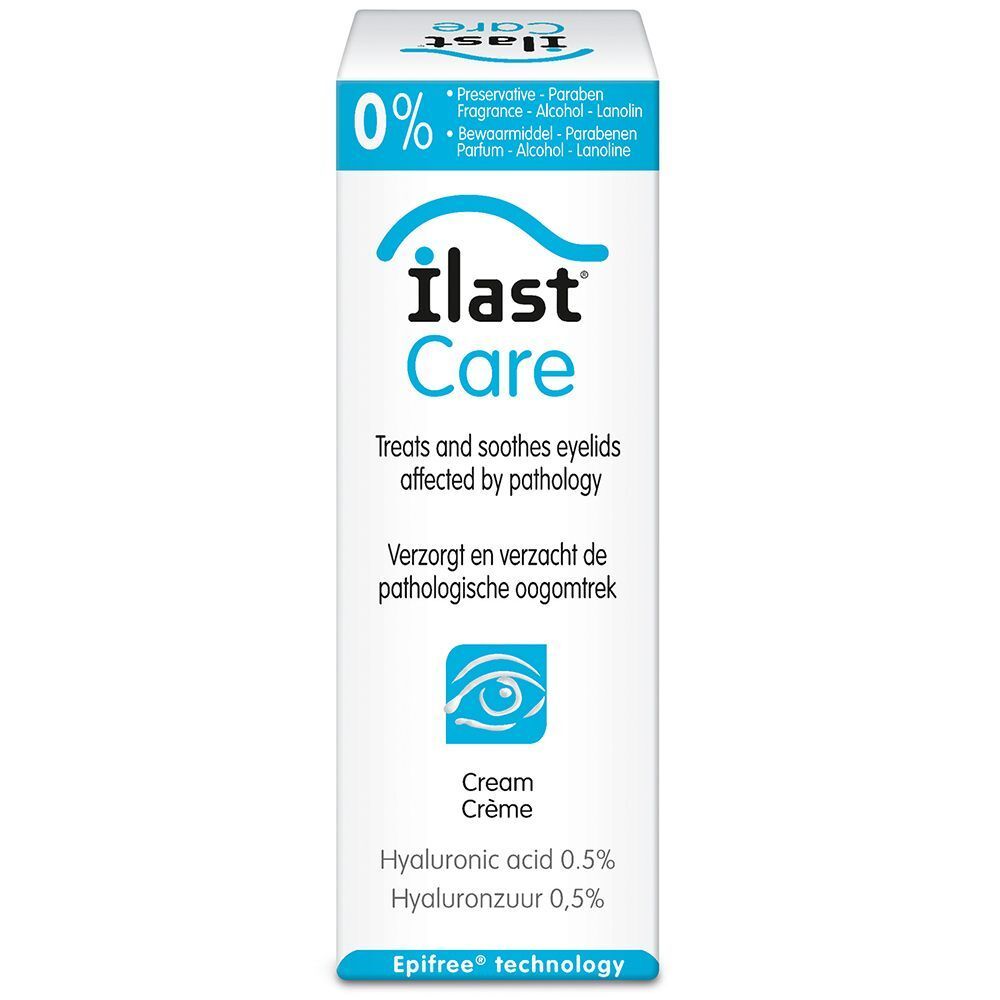 Verpackung mit Aufschrift: ilast Care, Augenlid-Pflege. Weiß mit blauem Schriftzug. Enthält Hyaluronsäure 0,5%. 0% Kennzeichnung.