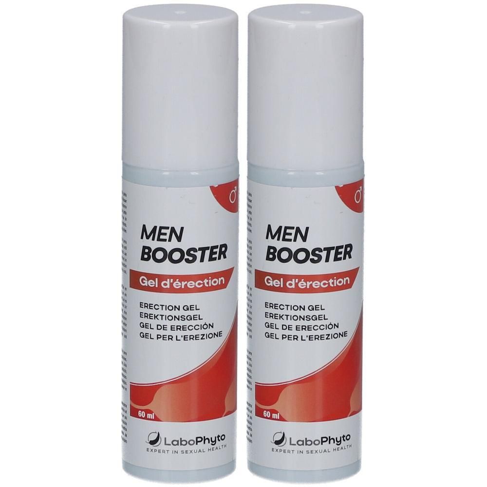 Zwei Flaschen mit weißem Deckel. Aufschrift: MEN BOOSTER, Gel d'érection. Mehrsprachige Produktbezeichnungen. Marke: LaboPhyto.