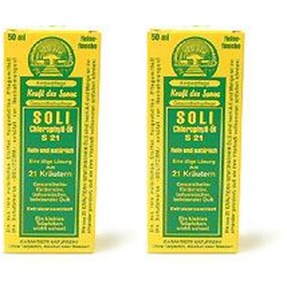 Zwei gelbe Schachteln mit grüner Schrift. Aufschrift: SOLI Chlorophyll-Öl S 21, 21 Kräutern. Oben: 50 ml.