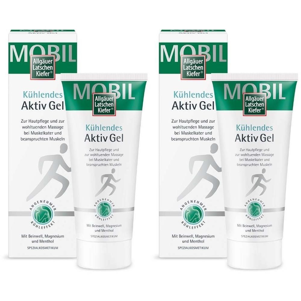Zwei Tuben Aktiv Gel, weiß mit grüner Schrift. Aufdruck: MOBIL, Allgäuer Latschenkiefer. Mit Abbildung einer laufenden Person.