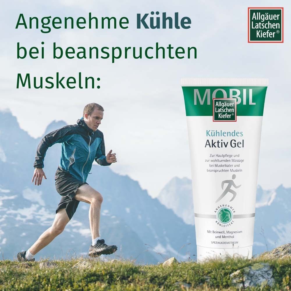 Mann rennt auf Bergpfad. Neben ihm: Tube Aktiv Gel, weiß mit grüner Schrift. Aufdruck: MOBIL, Allgäuer Latschenkiefer. Text: Angenehme Kühle.