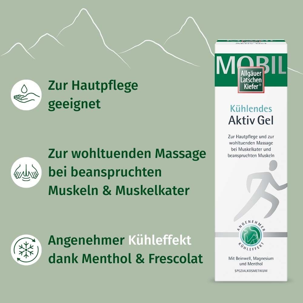 Tube Aktiv Gel, weiß mit grüner Schrift. Aufdruck: MOBIL, Allgäuer Latschenkiefer. Text: Zur Hautpflege, wohltuende Massage, angenehmer Kühleffekt.