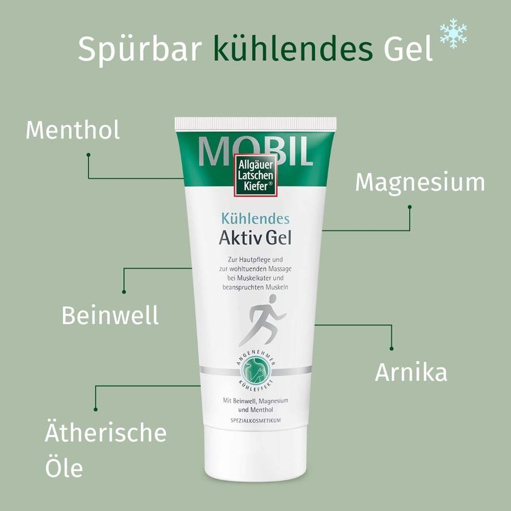 Tube Aktiv Gel, weiß mit grüner Schrift. Aufdruck: MOBIL, Allgäuer Latschenkiefer. Text: Menthol, Magnesium, Beinwell, Arnika, ätherische Öle.