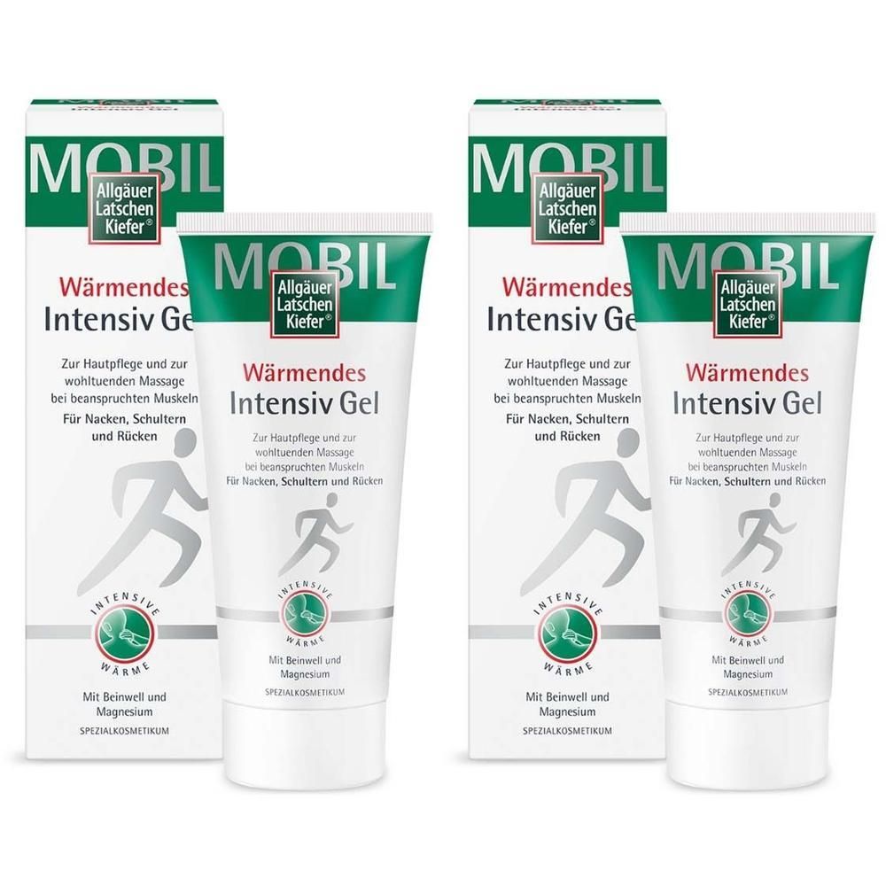 Zwei Tuben und Verpackungen von Wärmendes Intensiv Gel. Weiß, grün und blau. Text: Mobil, Allgäuer Latschenkiefer.