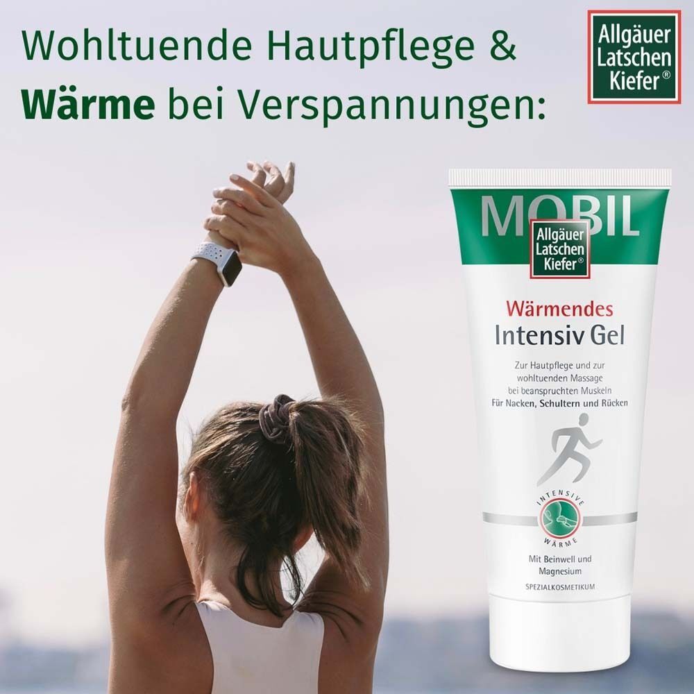 Frau mit erhobenen Armen. Rechts: Tube Wärmendes Intensiv Gel. Weiß, grün, blau. Text: Mobil, Allgäuer Latschenkiefer.