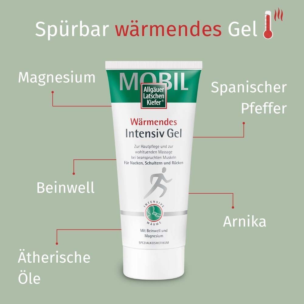 Tube Wärmendes Intensiv Gel. Weiß, grün, blau. Text: Mobil, Allgäuer Latschenkiefer. Pfeffer, Beinwell, Arnika, ätherische Öle.