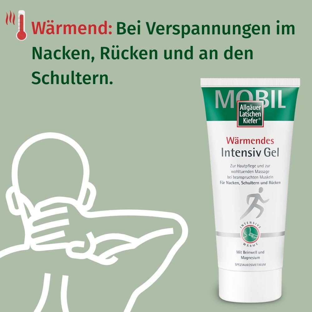 Mann hält sich den Nacken. Rechts: Tube Wärmendes Intensiv Gel. Weiß, grün, blau. Text: Mobil, Allgäuer Latschenkiefer.