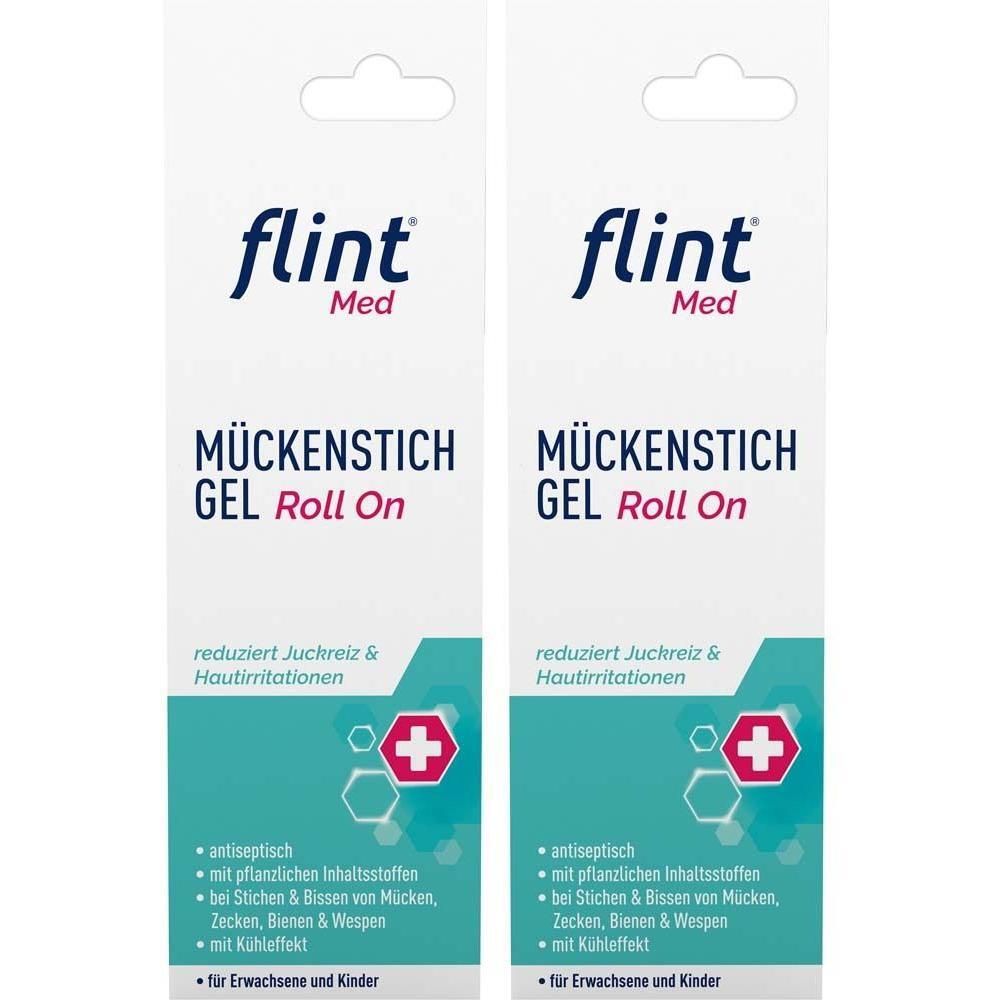 Zwei Packungen Gel Roll On. Weiße Verpackung mit blauem Schriftzug. Text: Mückenstich Gel Roll On. Roter Kreuz- und Hexagon-Aufdruck.