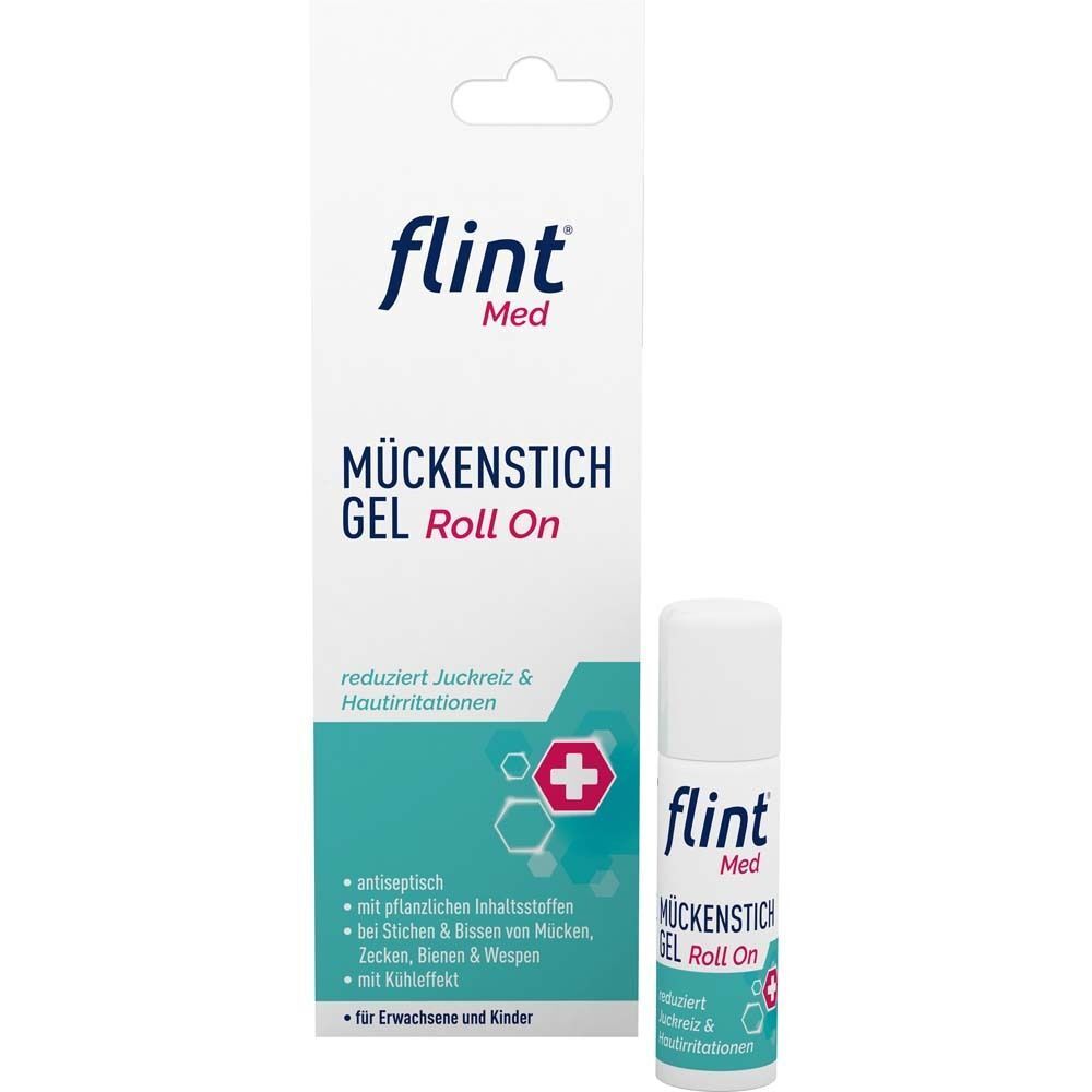 Gel Roll On und Verpackung. Weiß mit blauem Schriftzug. Text: Mückenstich Gel Roll On. Roter Kreuz- und Hexagon-Aufdruck. Flasche mit Roll-On-Applikator.