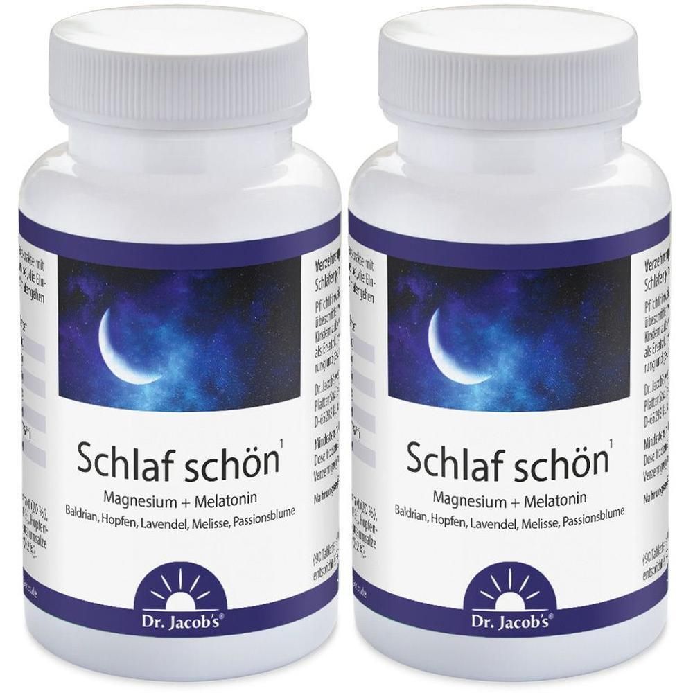 Zwei Flaschen SCHLAF SCHÖN Dr. Jacob's Tabletten. Weiße Flaschen mit blauem Etikett, Mond- und Sternenmotiv.