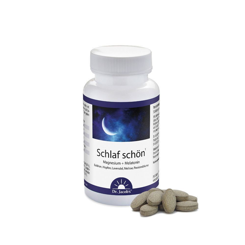 Flasche SCHLAF SCHÖN Dr. Jacob's Tabletten und Tabletten daneben. Weiße Flasche mit blauem Etikett, Mondmotiv.