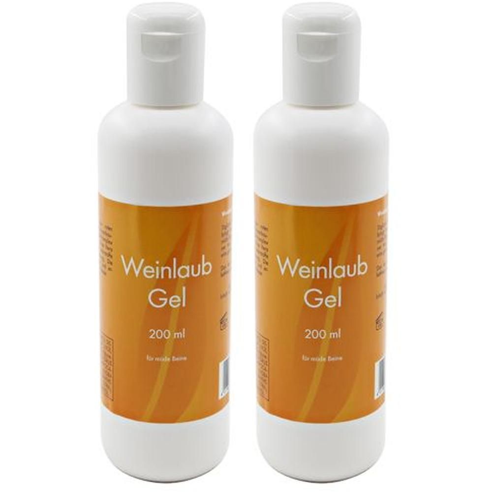 Zwei weiße Flaschen mit orangefarbenen Etiketten. Aufschrift: Weinlaub Gel, 200 ml.