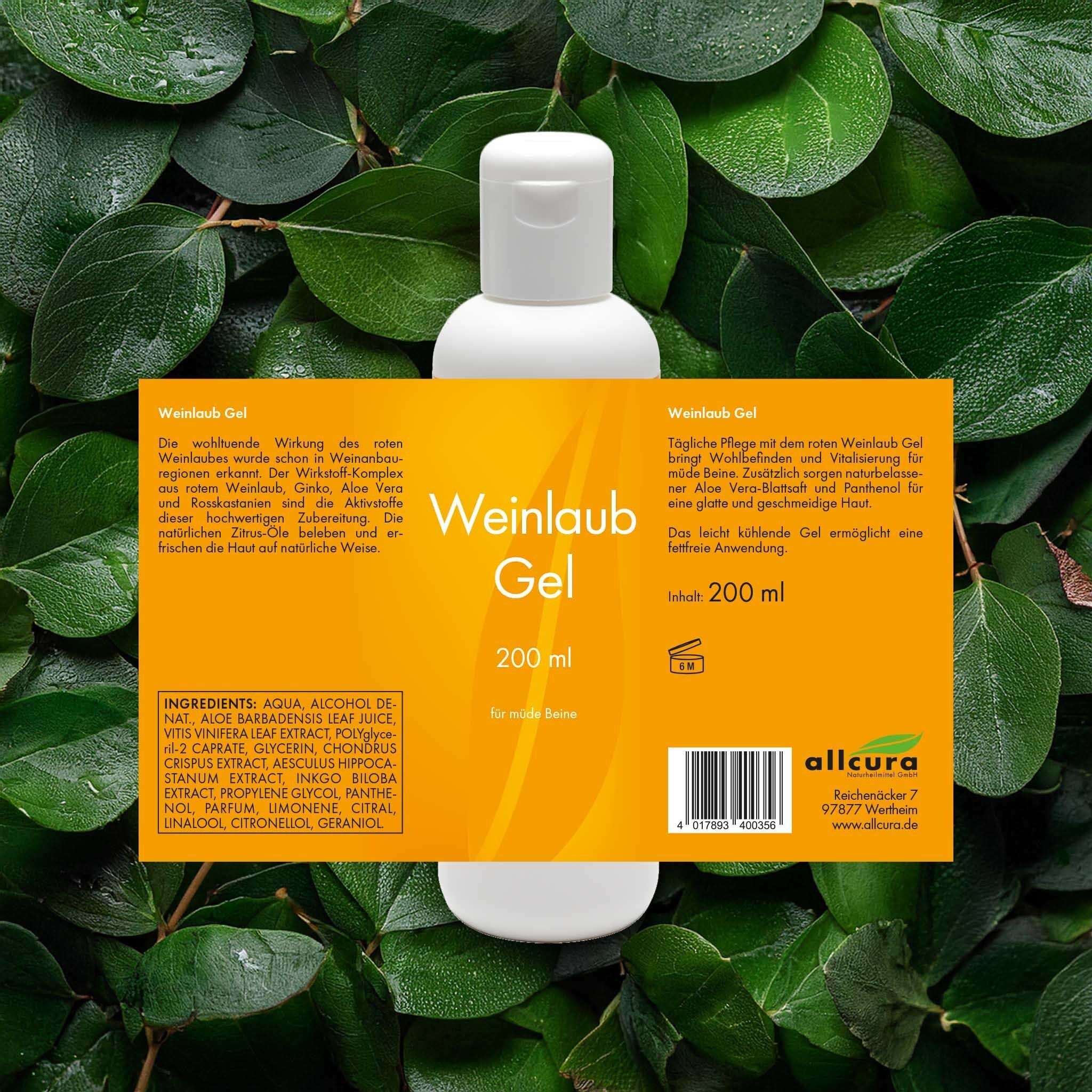 Weiße Flasche mit orangefarbenem Etikett. Aufschrift: Weinlaub Gel, 200 ml. Hintergrund: grüne Blätter.