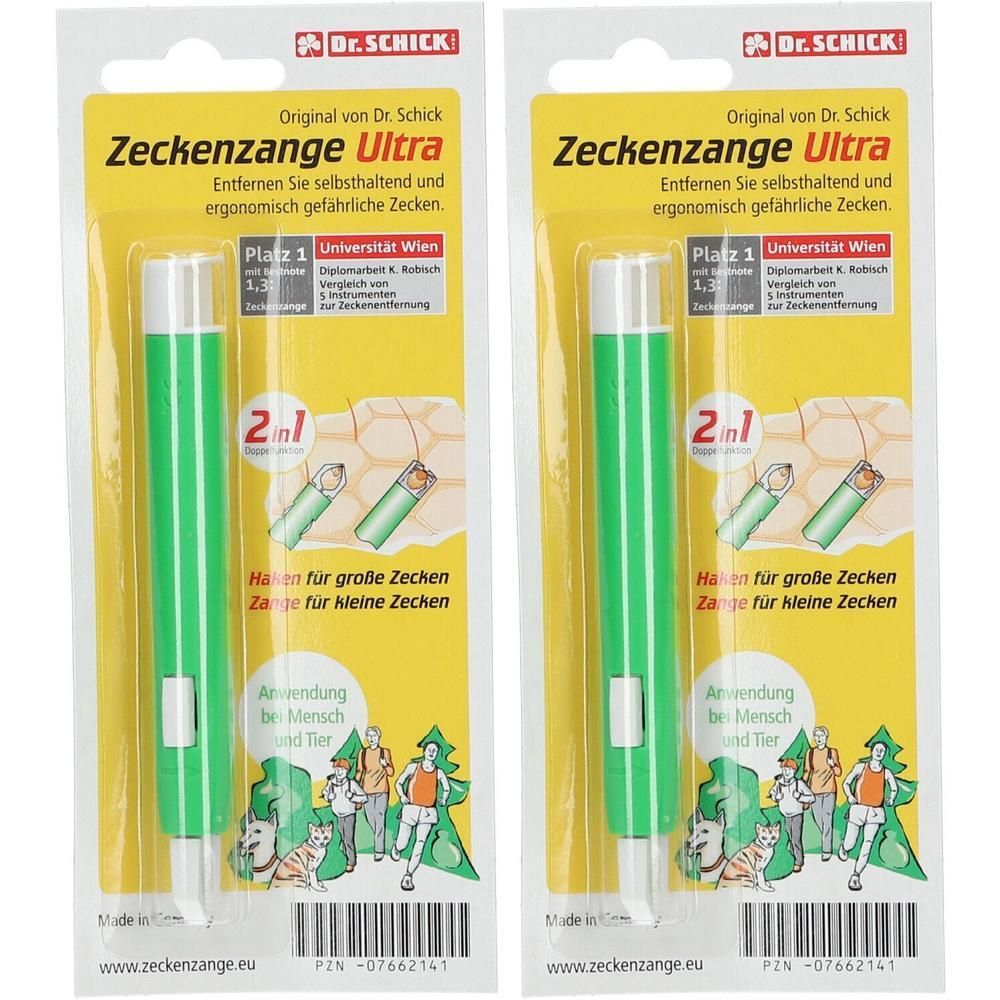 Zwei Packungen Zeckenzange Ultra. Grün-weiße Stifte mit gelber Verpackung. Text: Dr. Schick, Zeckenzange Ultra, Anwendung bei Mensch und Tier.
