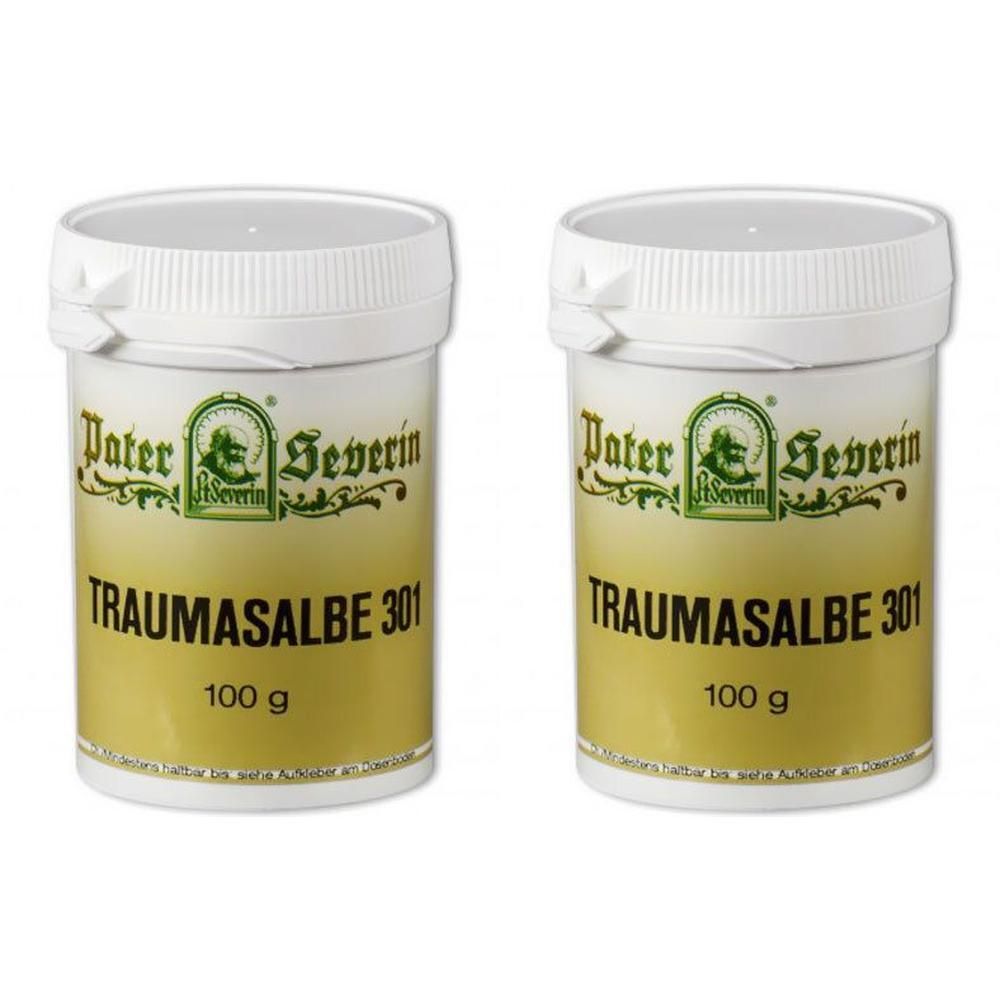 Zwei runde Behälter mit weißem Deckel. Aufschrift: Pater Severin, Traumasalbe 301, 100 g. Gelb-weiße Etiketten.