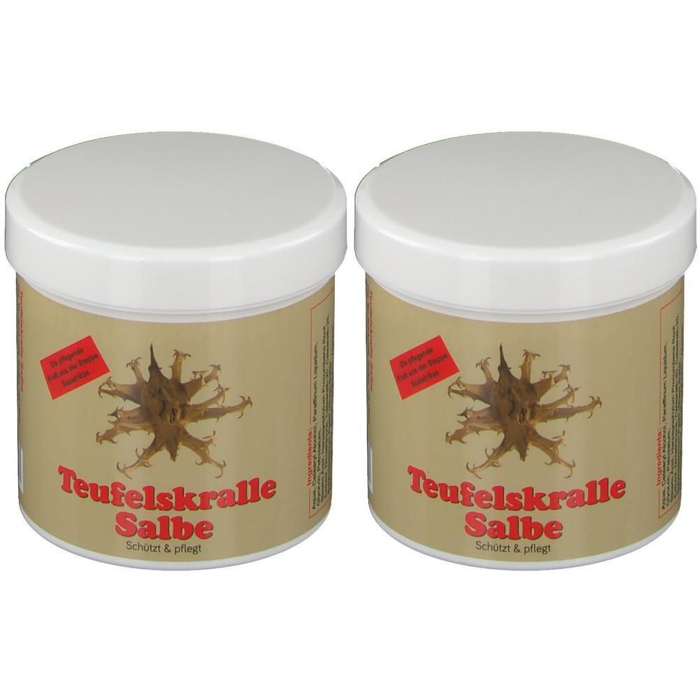 Zwei Tiegel Teufelskralle Salbe mit weißem Deckel. Aufschrift: Teufelskralle Salbe. Beige Etikett mit Logo und rotem Aufkleber.