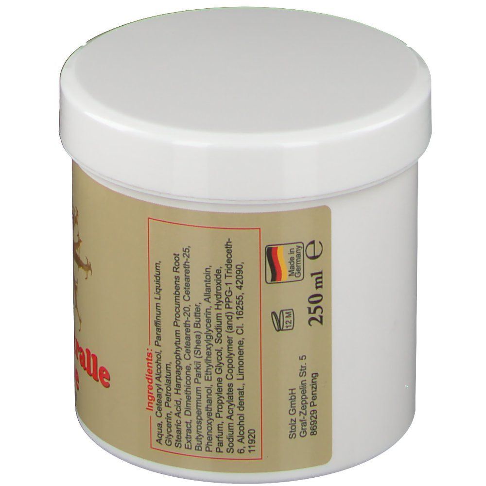 Weißer Tiegel mit weißem Deckel. Auf dem Etikett: Inhaltsstoffe, 250 ml, Hergestellt in Deutschland, Haltbarkeitssymbol.