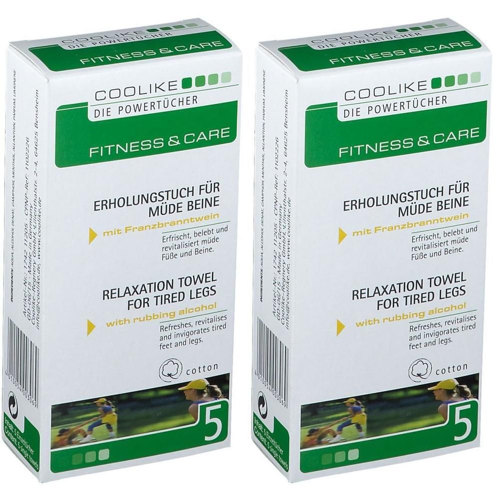 Zwei weiße Kartons mit grünen Akzenten. Aufschrift: Coolike, Fitness & Care, Erholungstuch für müde Beine. 5 Stück.