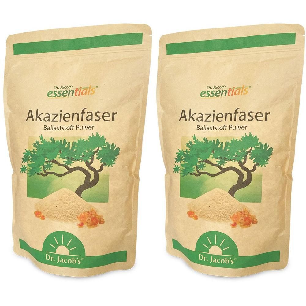 Zwei Beutel Akazienfaser-Pulver. Aufschrift: Dr. Jacob's essentials Akazienfaser Ballaststoff-Pulver.