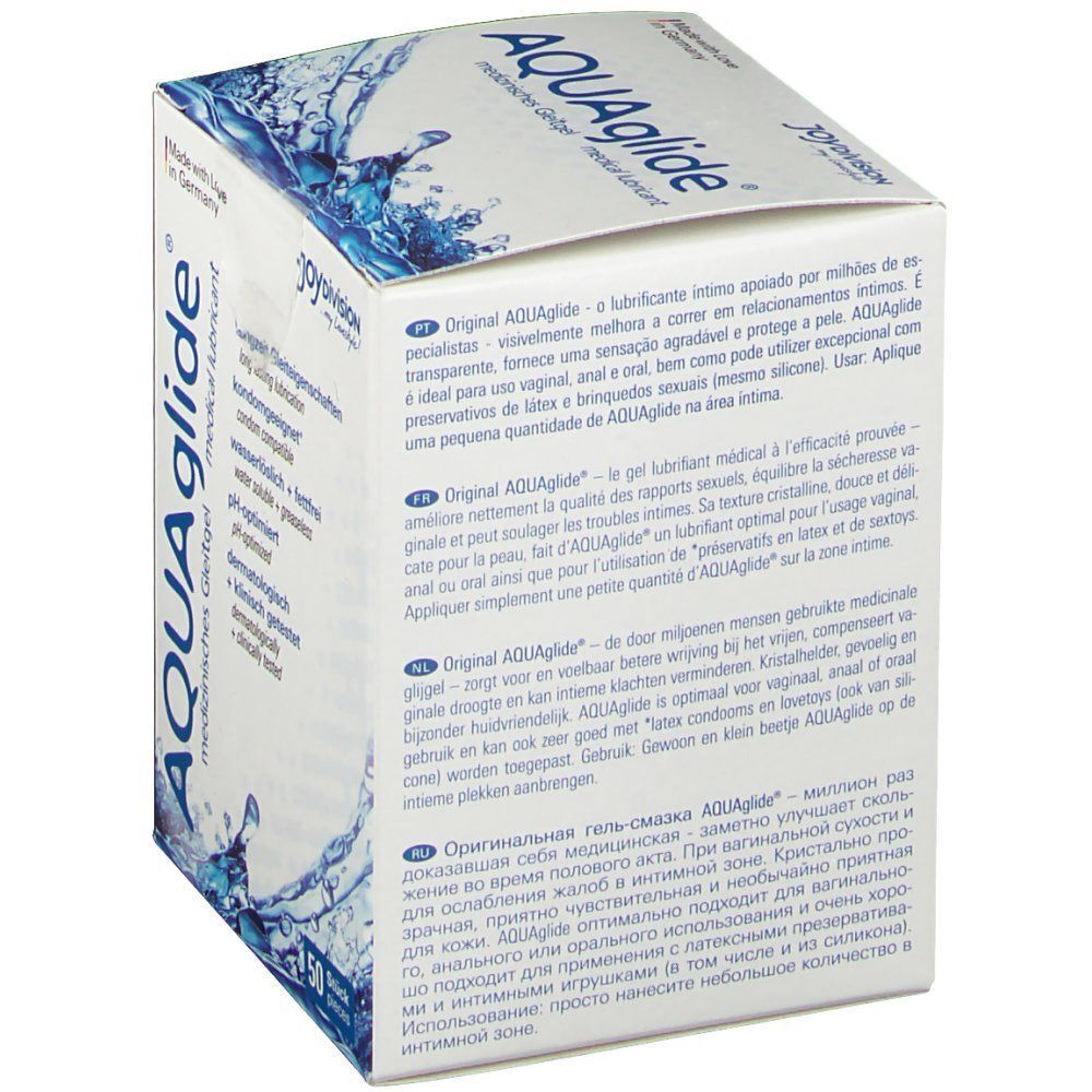 Quadratische Schachtel mit "AQUAglide"-Logo. Aufschrift: "medizinisches Gleitgel". Text in mehreren Sprachen. Marke: joydivision.