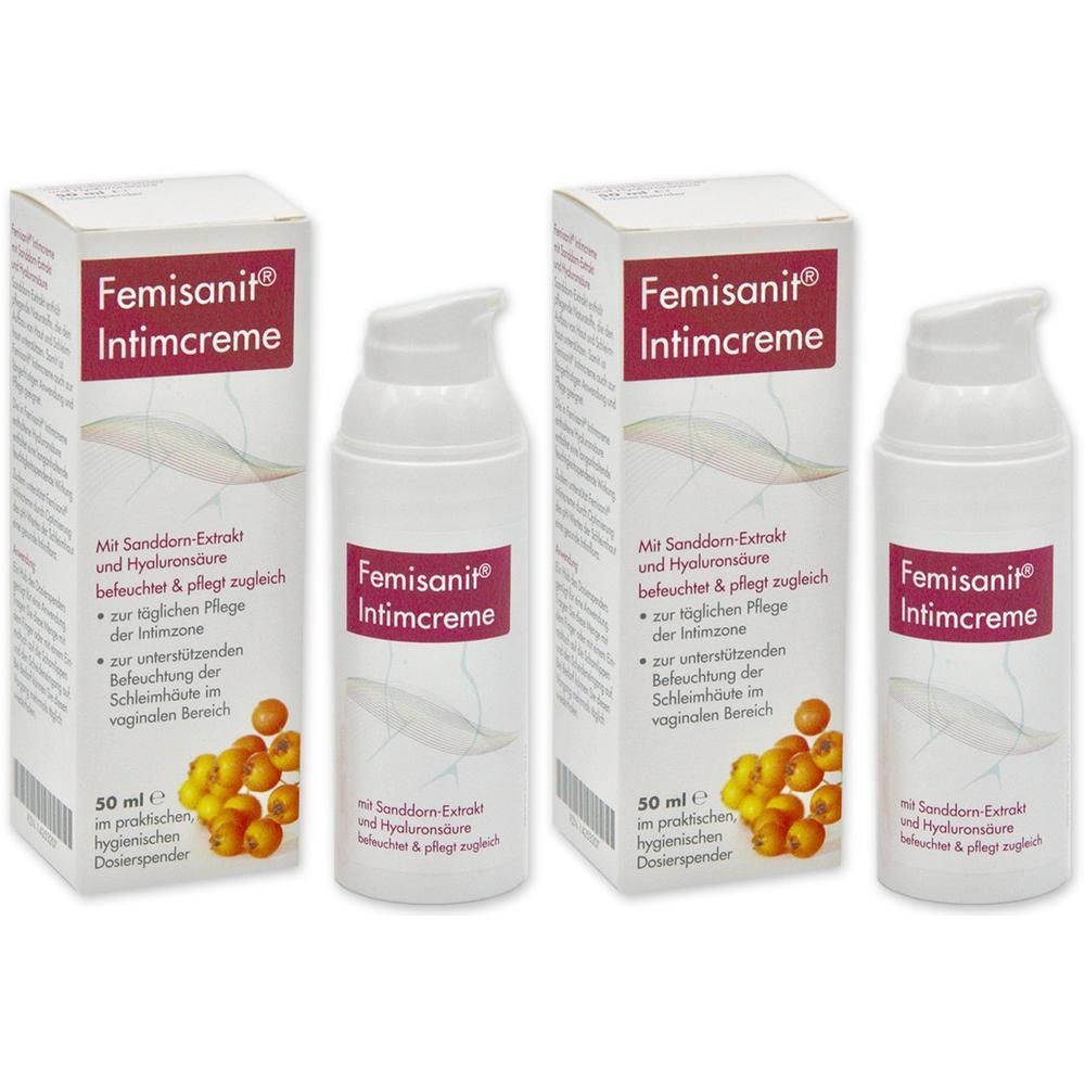 Zwei Packungen und zwei Flaschen Intimcreme. Weiße Flaschen mit Pumpkopf und rotem Etikett. Kartons mit Produktnamen und Inhaltsangaben.