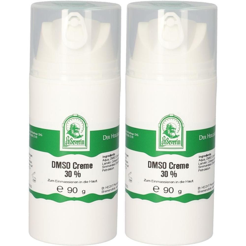 Zwei weiße Cremetuben mit grünem Etikett. Aufschrift: DMSO Creme 30 %. Marke: St. Severin. Mit transparentem Deckel. E 90 g.