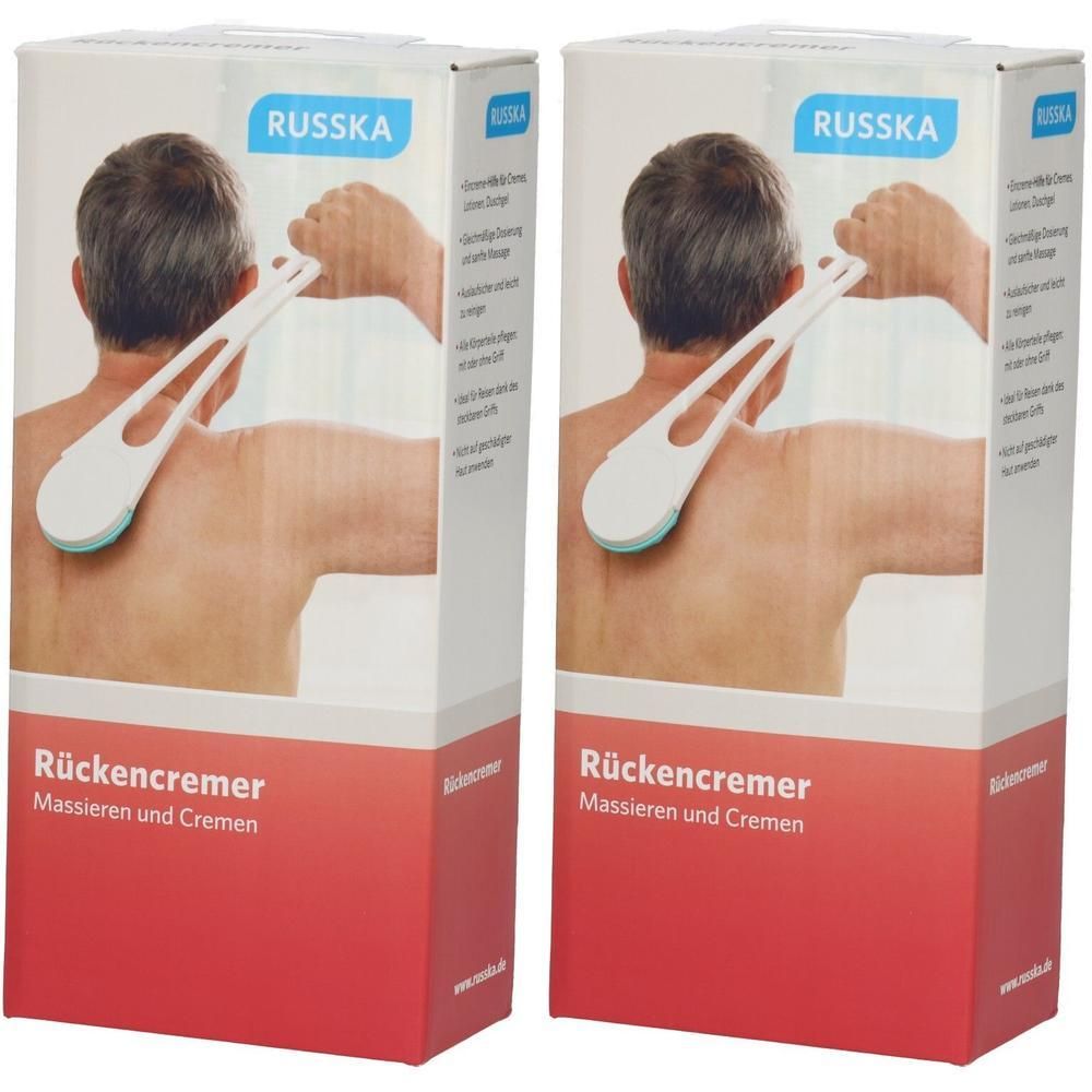 Zwei Produktverpackungen. Auf der Verpackung ist ein Mann abgebildet, der ein weißes Rückencreme-Gerät benutzt. Der Markenname ist RUSSKA.