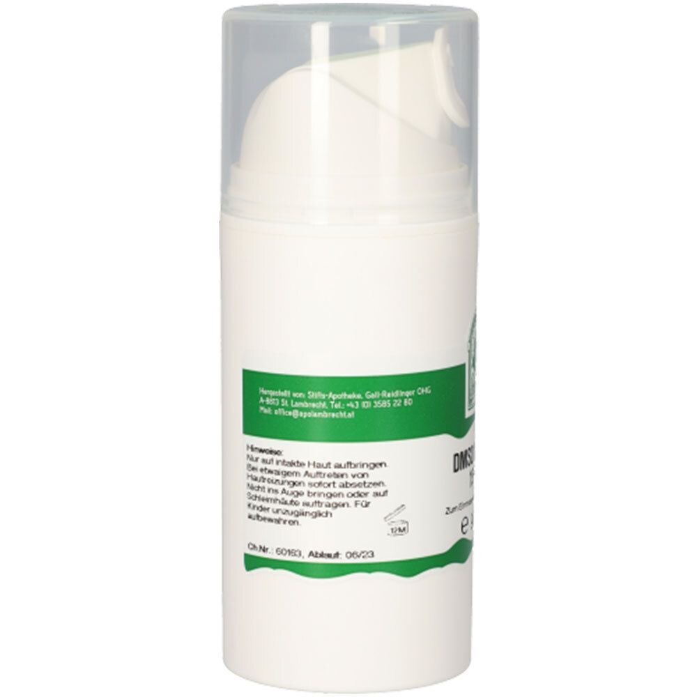 Weiße Cremetube mit grünem Etikett. Aufschrift: DMSO Creme 15 %. Transparenter Deckel. E 90 g.