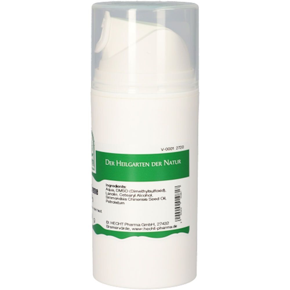 Weiße Cremetube mit grünem Etikett. Aufschrift: DMSO Creme 15 %. Transparenter Deckel.