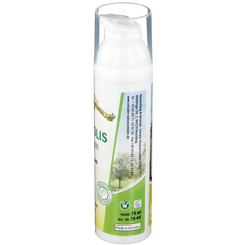 Weiße Spenderflasche mit transparentem Deckel. Aufschrift: PROPOLIS Balsam extra stark. Grünes Etikett mit Text und Logo.