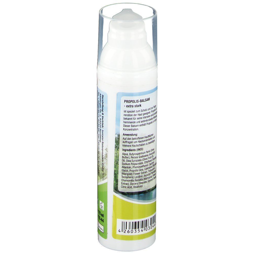 Weiße Spenderflasche mit transparentem Deckel. Aufschrift: PROPOLIS-BALSAM. Etikett mit Inhaltsstoffen und Text. Grün-gelbes Design.