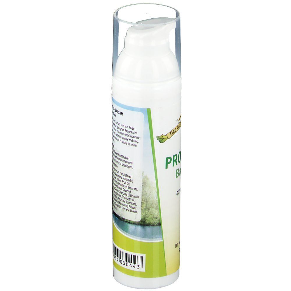 Weiße Spenderflasche mit transparentem Deckel. Aufschrift: PROPOLIS Balsam. Grünes Etikett mit Text und Logo. Barcode.