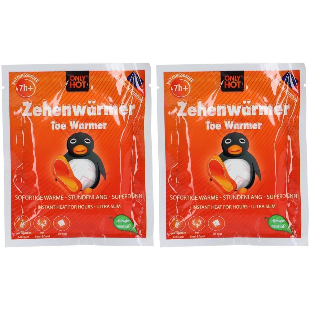 Zwei Zehenwärmer-Packungen. Orangefarbene Verpackung mit Pinguin-Illustration und Aufschrift "Only Hot Zehenwärmer". Text: Sofortige Wärme, stundenlang, superdünn.