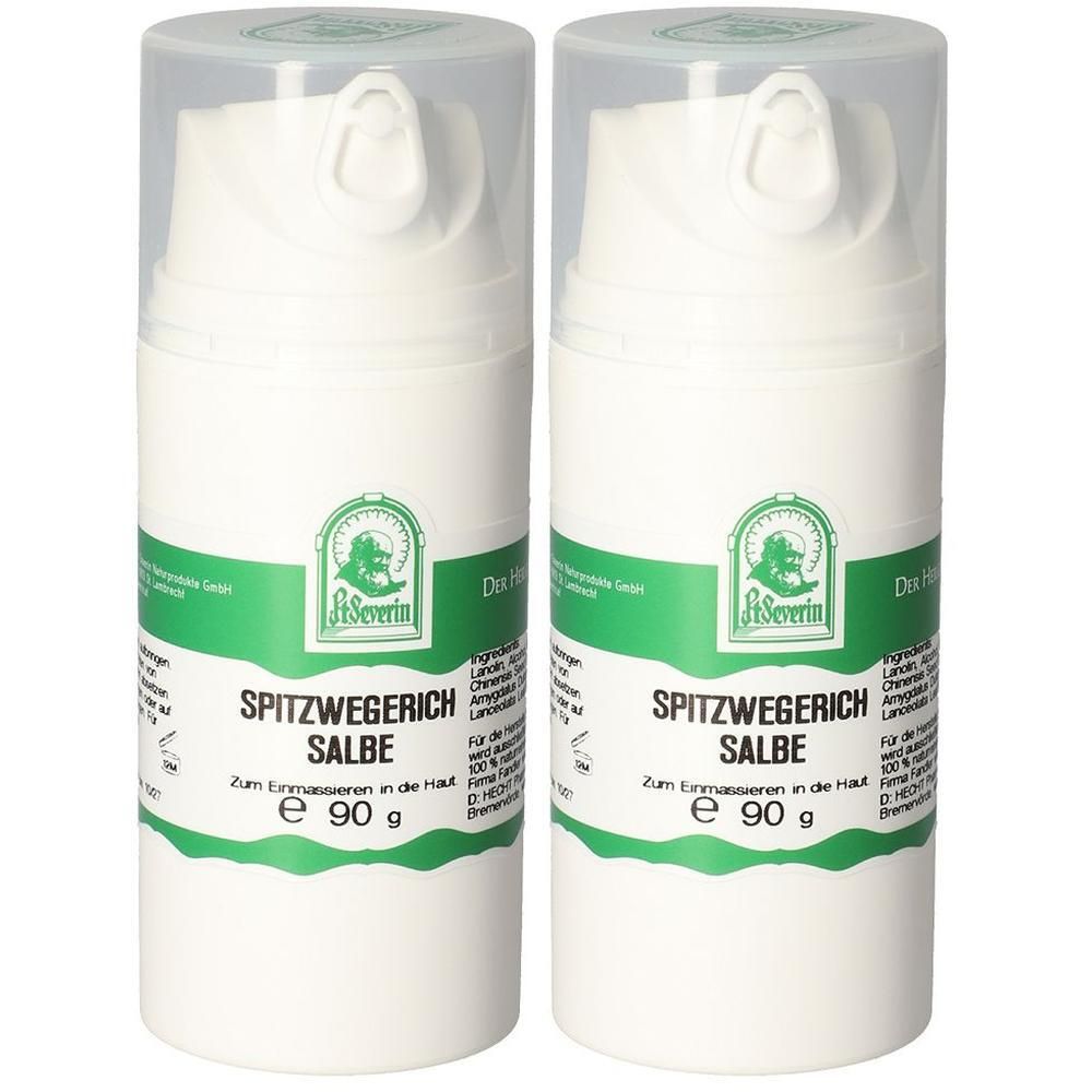 Zwei weiße Pumpflaschen mit transparenten Deckeln. Aufschrift: SPITZWEGERICH SALBE, grüne Etiketten, Logo.  e 90 g.