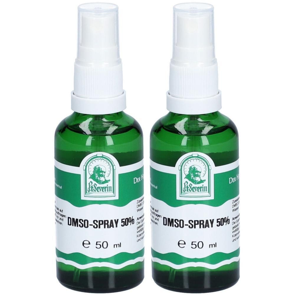 Zwei grüne Sprühflaschen mit weißem Deckel. Beschriftung: St. Severin, DMSO-Spray 50%, e 50 ml.