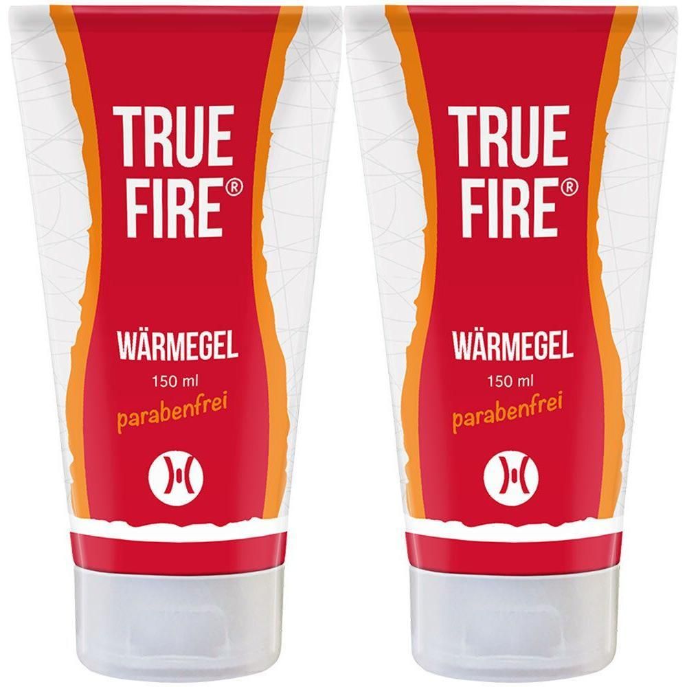 Zwei Tuben Wärmegel. Rote und weiße Verpackung mit Schriftzug TRUE FIRE®, WÄRMEGEL, 150 ml, parabenfrei. Logo unten.