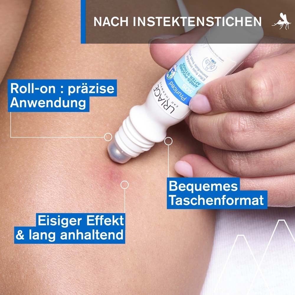 Hand mit Roll-on auf Bein. Roll-on: präzise Anwendung. Eisiger Effekt & lang anhaltend. Bequemes Taschenformat.