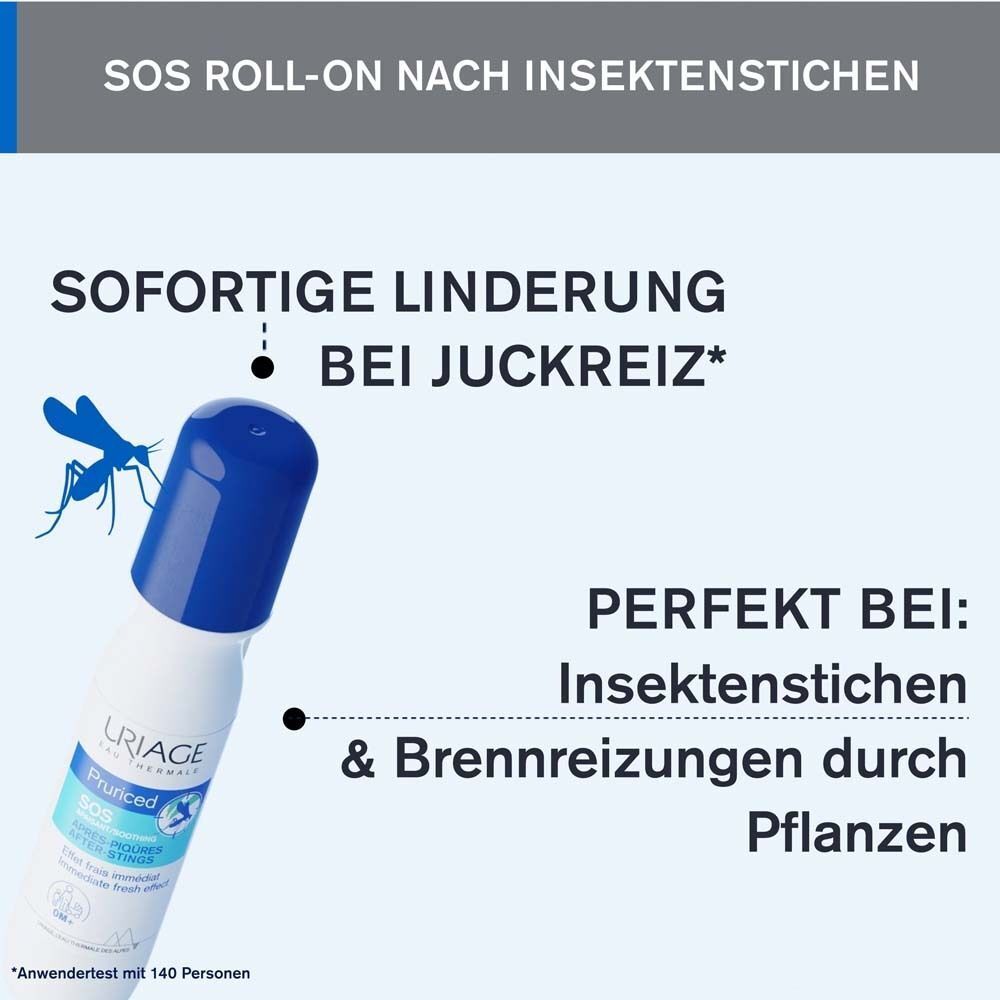Roll-on mit blauer Kappe. Aufschrift: URIAGE, Pruriced. Sofortige Linderung bei Juckreiz. Perfekt bei Insektenstichen.