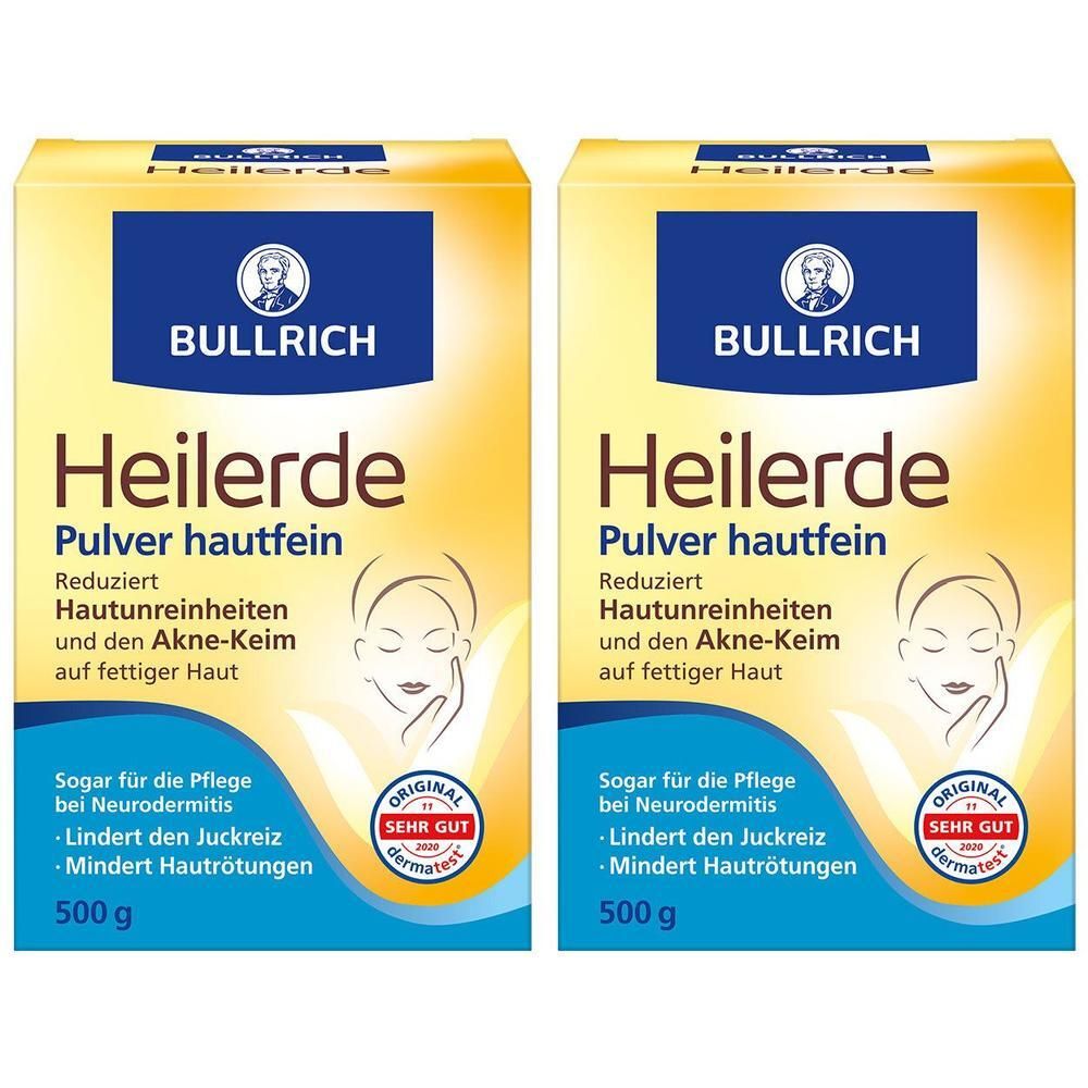 Zwei Packungen BULLRICH Heilerde Pulver hautfein. Gelbe Verpackung mit Produktnamen, Logo und dermatest-Siegel.