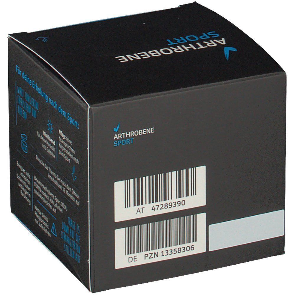 Arthrobene Sport COOL DOWN-Box. Schwarze Verpackung mit Barcodes und Produktinformationen. Enthält Barcodes.