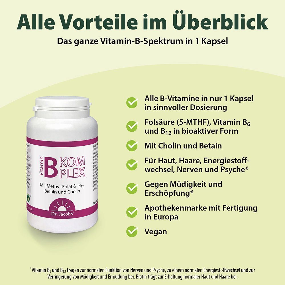 Flasche mit lila Etikett und Text. Aufschrift: Vitamin B-Komplex. Text: Vorteile, B-Vitamine, vegan. Marke: Dr. Jacob's.