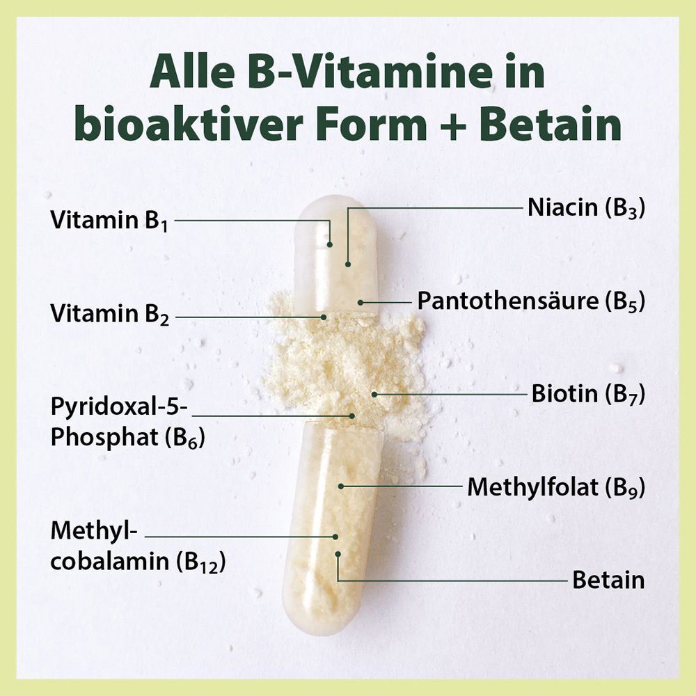 Kapsel mit Inhaltsstoffen beschriftet. Text: Vitamin B1, B2, B6, B12, Methylfolat, Betain, Niacin, Biotin.