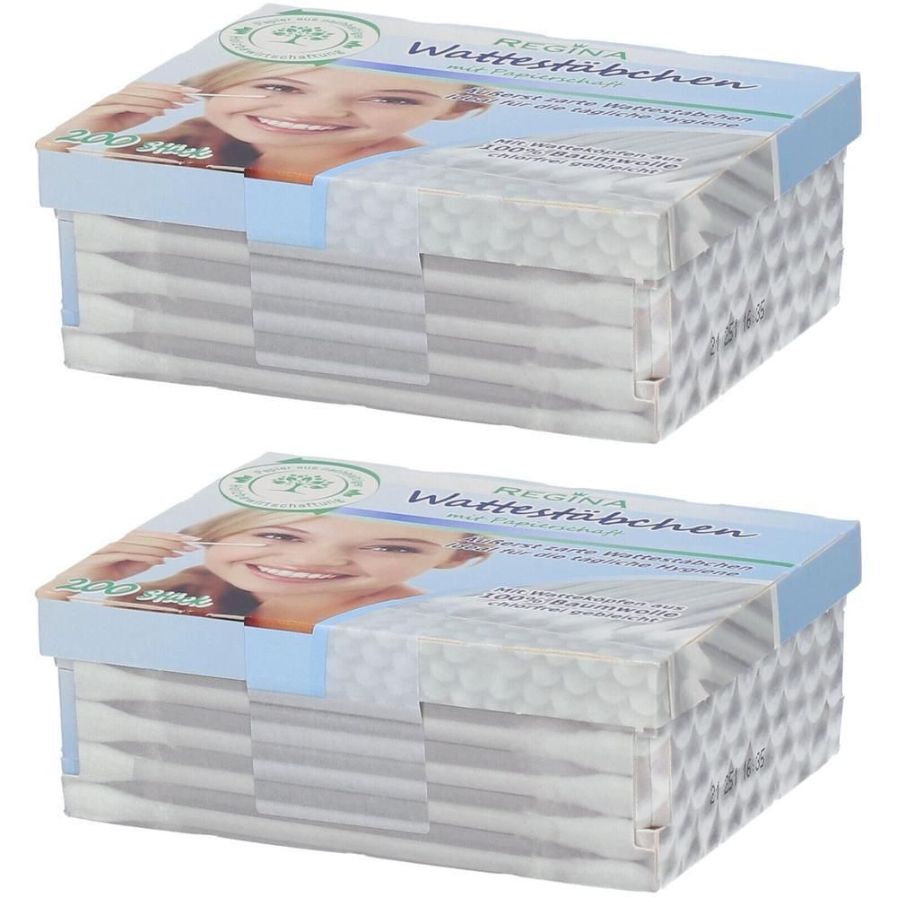 Zwei Kartons Wattestäbchen. Aufdruck: Regina Wattestäbchen. Verpackung mit Frauengesicht. 2x200 Stück.