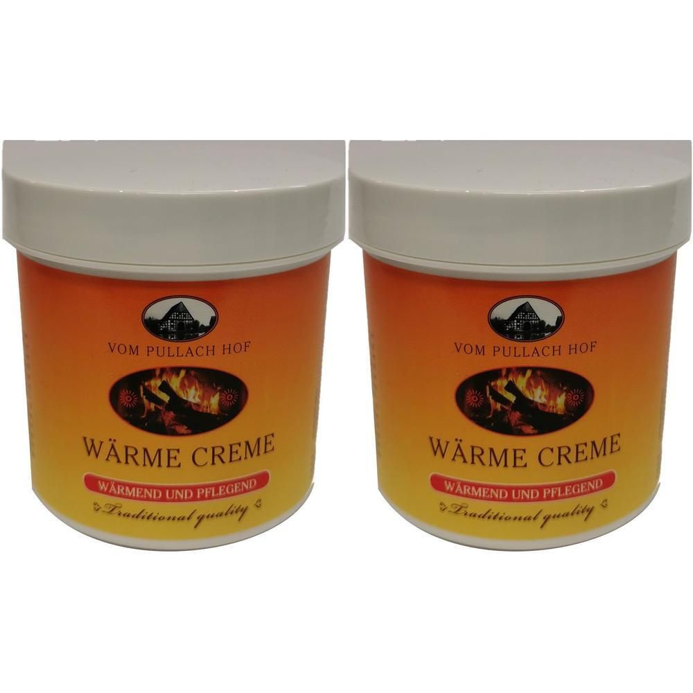 Zwei runde Tiegel mit weißem Deckel. Aufschrift: WÄRME CREME, VOM PULLACH HOF. Farbverlauf von gelb nach orange. Text: WÄRMEND UND PFLEGEND.