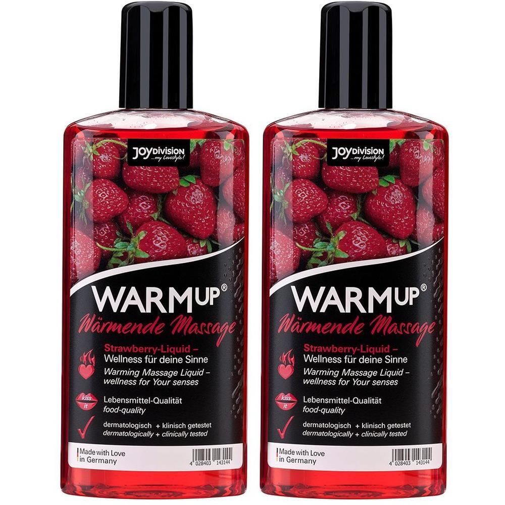 Zwei Flaschen mit roter Flüssigkeit und Erdbeeren-Motiv. Schwarzer Deckel. Aufschrift: WARMUP Wärme Massage, Erdbeer-Liquid.