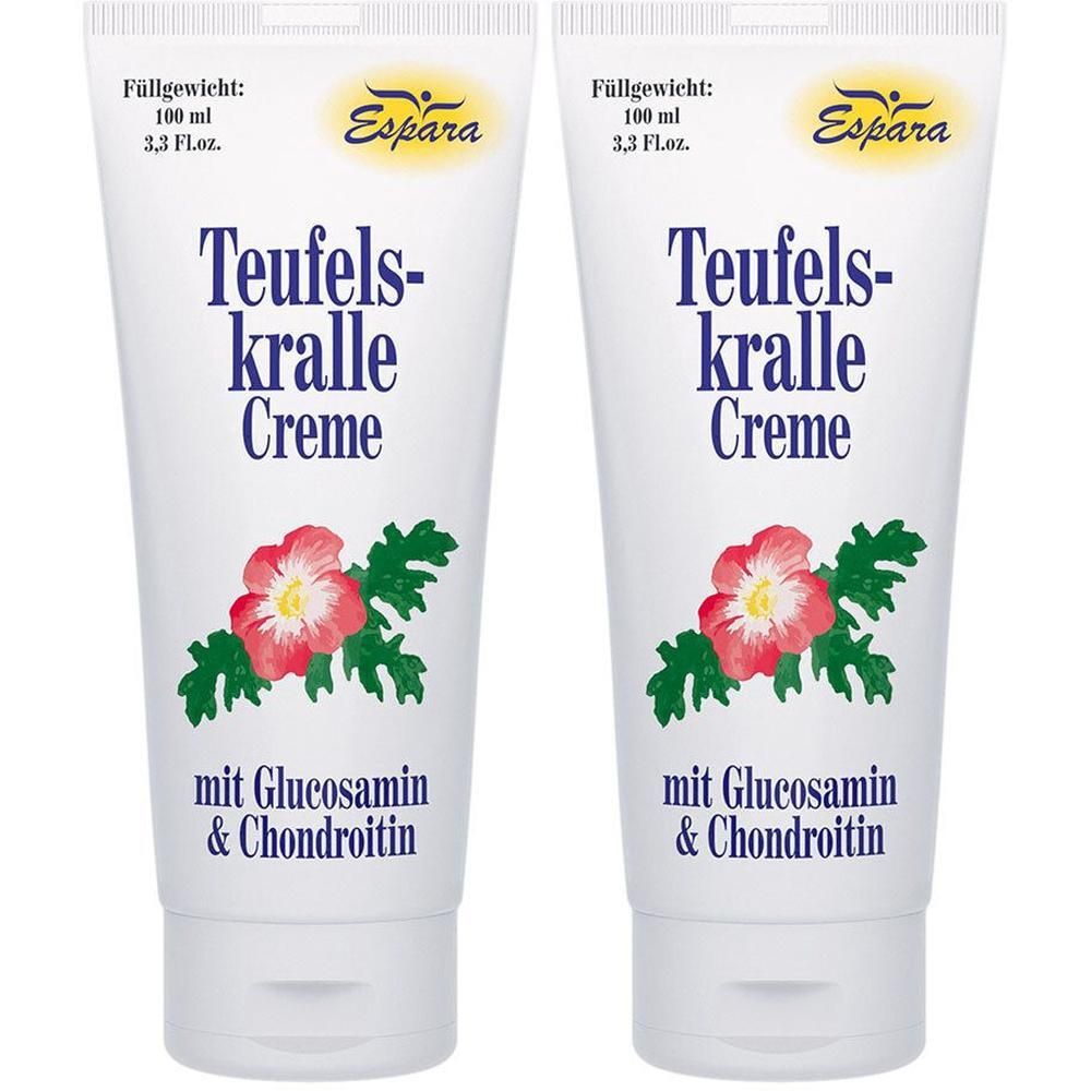 Zwei Tuben Creme. Aufschrift: Teufelskralle Creme, mit Glucosamin & Chondroitin. Marke Espara. Füllgewicht: 100 ml.