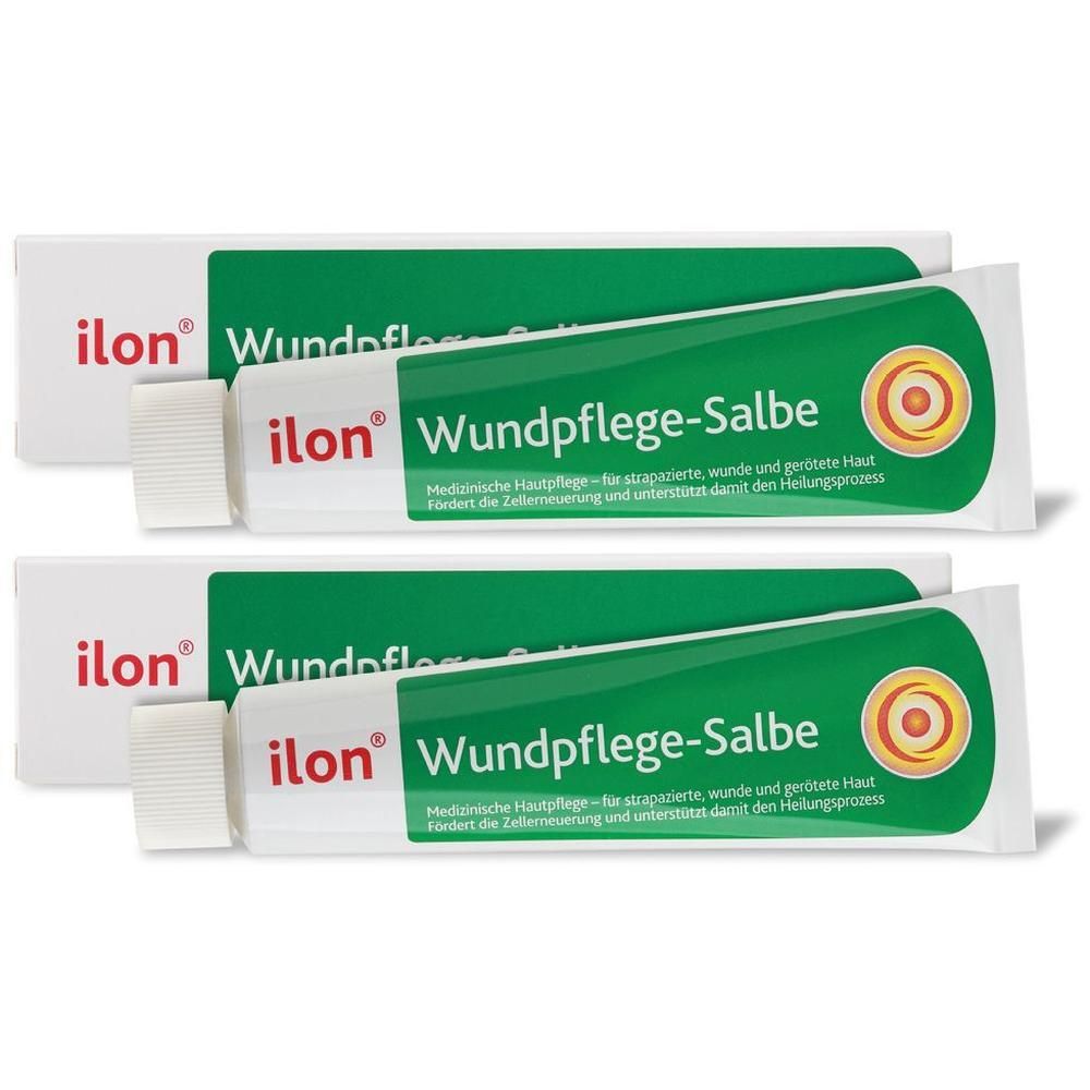 Zwei Tuben und zwei Schachteln. Auf den Tuben und Schachteln steht "ilon Wundpflege-Salbe".