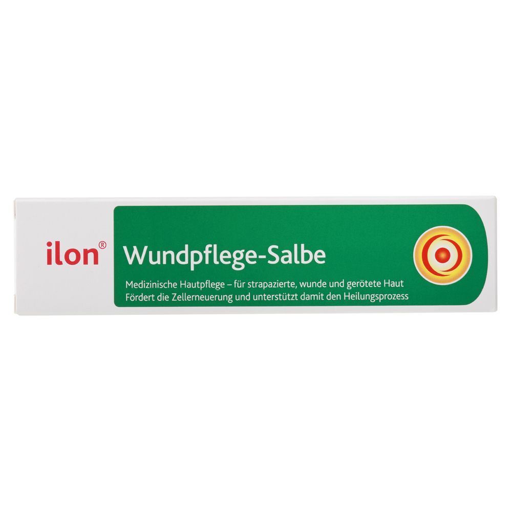 Schachtel mit "ilon Wundpflege-Salbe" Schriftzug. Grün-weiße Farbgebung.