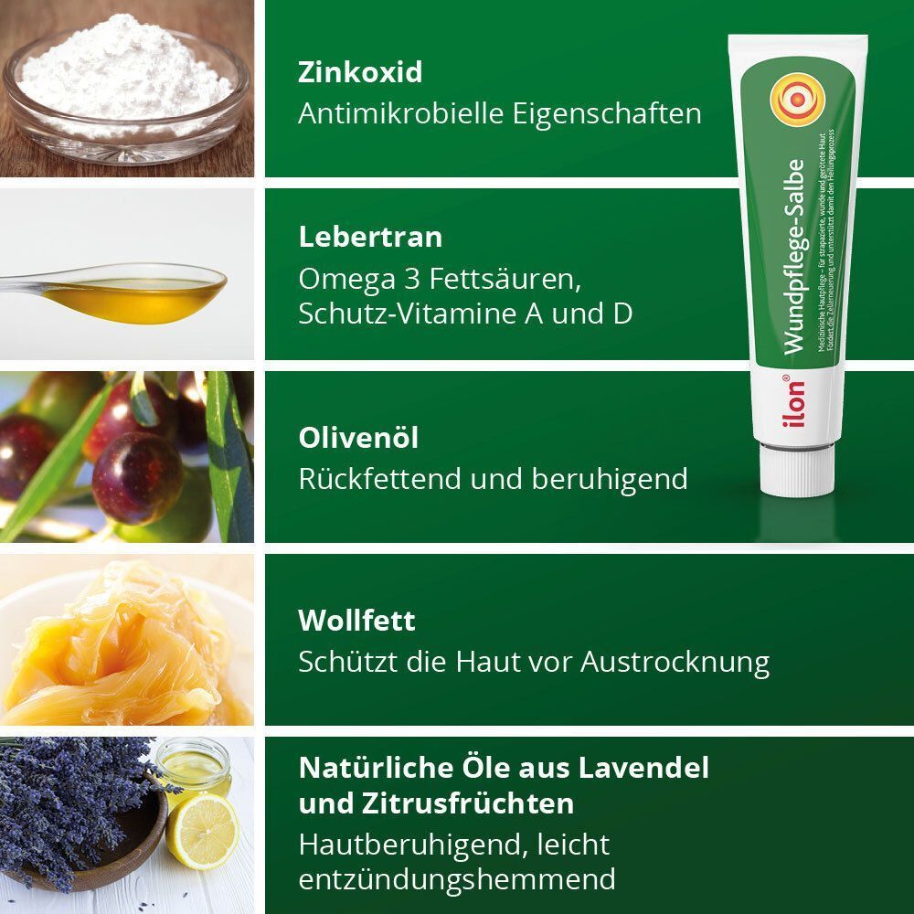 Verschiedene Zutaten von "ilon Wundpflege-Salbe" mit Text. Zinkoxid, Lebertran, Olivenöl, Wollfett, natürliche Öle.