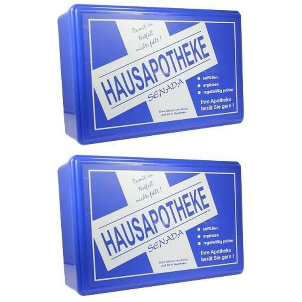 Zwei blaue Hausapotheken-Boxen. Aufschrift: HAUSAPOTHEKE SENADA. Text: Ihre Apotheke berät Sie gern!